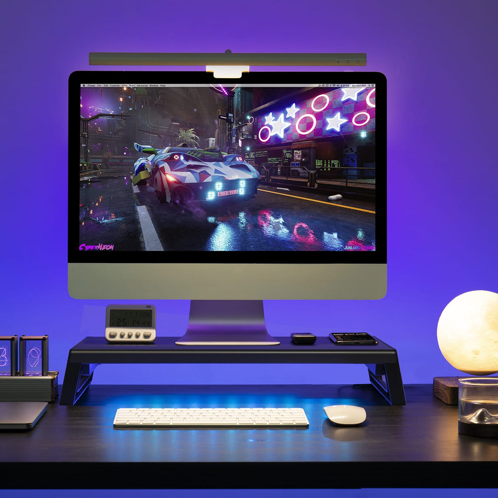 metal monitor riser stand with blue light background