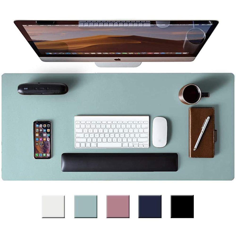 light blue desk mat with desk accessories